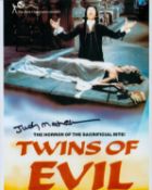 Twins of Evil Judy Matheson signed 10 x 8 colour photo of the movie poster. Good condition. All