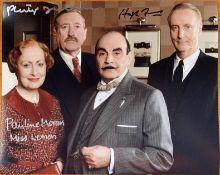 Poirot treble cast signed 10 x 8 colour photo, Autographs of Hugh Fraser, Phillip Jackson and
