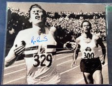 Athletics Sir Roger Bannister signed 10 x 8 inch b/w action photo, winning yet another race. Sir