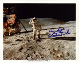 Charles M Duke JR signed 10x8 inch colour photo pictured on the Moon during the Apollo 16 mission.