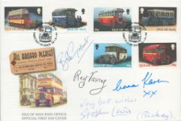 On The Buses, an Isle of Man 1999 FDC, signed by the four stars of the comedy series: Bob Grant, who