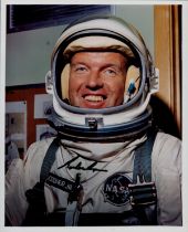 Gordon Cooper signed 10x8inch colour spacesuit photo. Good condition. All autographs are genuine