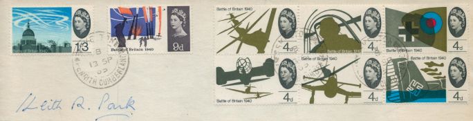 Keith Park, a signed 9x2.5 cut piece from an envelope. With 8 Battle of Britain stamps, postmarked