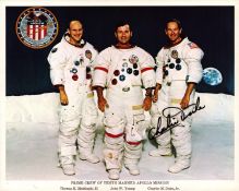 Charles Duke signed NASA Apollo 16 original 10x8 inch colour photo picturing Prime Crew of Tenth.