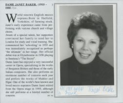Dame Janet Baker signed black & white photo 5.5x3.5 Inch biography. 7.25x6.25 Inch. Good