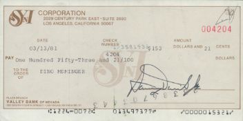 Sammy Davis Jnr signed cheque. Good condition. All autographs are genuine hand signed and come
