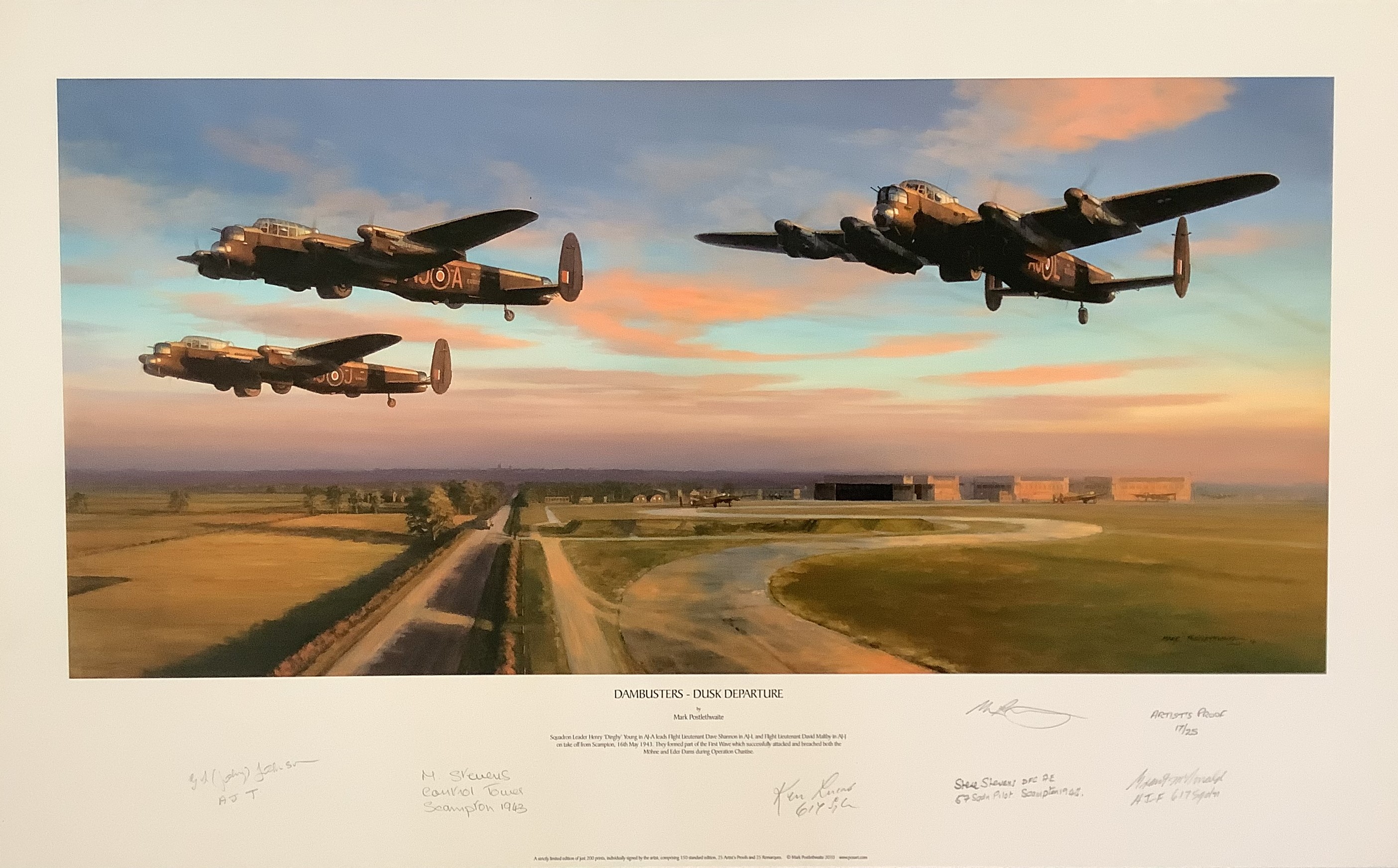Dambusters WWII 28x17 inch approx. signed colour print titled Dambusters Dusk Departure Artists