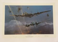 WWII 33x24 inch approx. signed colour print titled Lancaster Under Attack limited edition 46/650