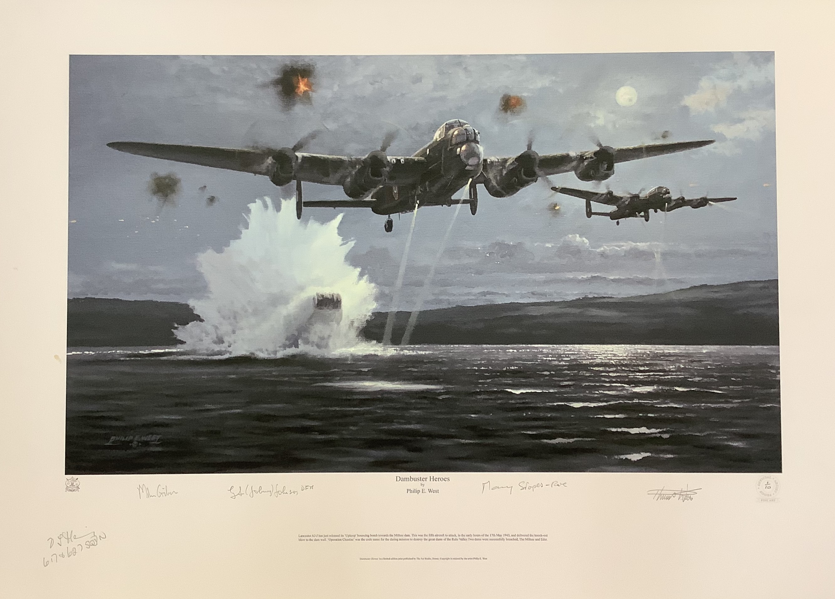 Dambusters WWII 28x20 inch approx multi signed colour print titled Dambuster Heroes artist proof 1/