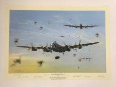 WWII 36x28 inch approx. colour print titled Tallboy the Bombing of the Beast signed in pencil by the