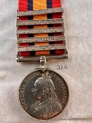 Queens South Africa Medal Boer War medal 1899 1902. Arm to right R ghost. 5 clasps Talana, Defence