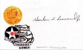 Tuskegee Airman Harland Leonard Signed Signature Card, Attached to A4 White Paper. Est. Good