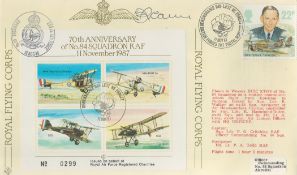 Group Captain F R Carey signed 70th Anniversary of NO 84 Squadron RAF 11 Nov 1987. 1 Stamp and 2