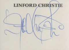 British sprinter Linford Christie signed A white card (measuring approx. 3.25" x 2.5"), nicely
