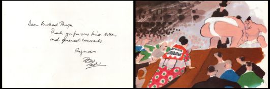Bill Tidy signed sumo illustration card. British cartoonist, writer and television personality,
