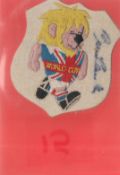 Football Bobby Charlton signed 1966 original World Cup felt badge. Good condition. All autographs