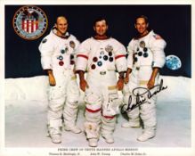Charles Duke signed NASA Apollo 16 original 10x8 inch colour photo picturing Prime Crew of Tenth.