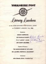 WW2 BOB fighter aces Douglas Bader and P.B Laddie Lucas Hand Signed Lunch Programme. Yorkshire 1982.