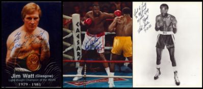 Boxing collection three assorted signed photos from legends Larry Holmes, Bob Foster and Jim Watt.