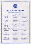 India tour team 85/86 signed A4 sheet. Signed by 18 including Dev, Shastri, Gavaskar, Sharma and