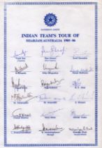 India tour team 85/86 signed A4 sheet. Signed by 18 including Dev, Shastri, Gavaskar, Sharma and