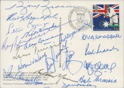 Multi-signed Australian Bicentenary postcard. 18 signatures. Brown, Stackpole, Burge, Hawke,