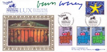David Hockney, a signed (in green and blue ink) 1992 European Arts Festival Silk FDC with insert.
