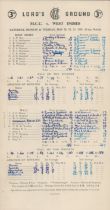 Cricket M.C.C v West Indies Lords May 1950, original scorecard neatly filled in. Good condition. All