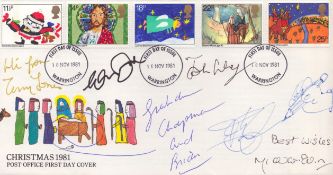 Monty Python, a Christmas 1981 FDC. Signed by six: Graham Chapman, (adding 'and Brian' with arrow to