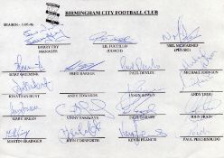 Birmingham City 95/96 signed A4 sheet. 18 signatures. Includes Fry, Devlin, Samways and more. Good