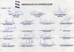 Birmingham City 95/96 signed A4 sheet. 18 signatures. Includes Fry, Devlin, Samways and more. Good