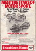 Ari Vatanen, Jackie Stewart and Dickie Davis signed promotional A4 leaflet. Some markings and