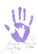 007 Bond girl Caroline Munro handprint, an actual print of her hand, in purple acrylic paint on high