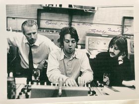 Music George Martin The Beatles manager signed 7 x 5 b/w photo with him in studio with Paul