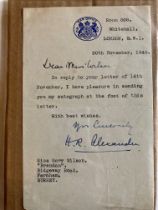 WW2 Field Marshall Alexander of Tunis signed typed letter 1945 on War office headed notepaper,