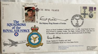 King Hussein of Jordan signed RAF Squadrons FDC. He flew the cover in a Lockheed L1011, from Brize