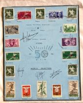 Football legends multiple signed 1965 World Stanley Matthews Selection Stamp sheet A4 card. 15