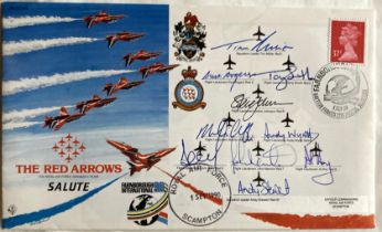 Red Arrows 1990 complete display team signed Farnborough Int. Air Show cover. Flown by the team in