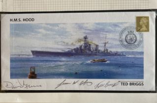 HMS Hood WW2 survivor Ted Briggs multiple signed cover. Commemorative envelope produced to the
