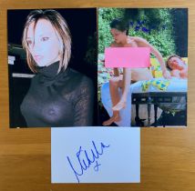 Victoria Beckham signed white card wit4h 2 8x6inch colour unsigned photos. Good condition. All