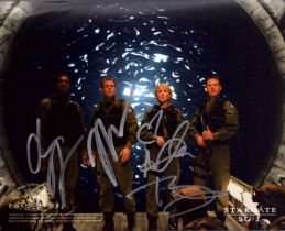 Amanda Tapping, Chris Judge and Michael Shanks signed Stargate SG -1 10x8 inch colour promo photo.