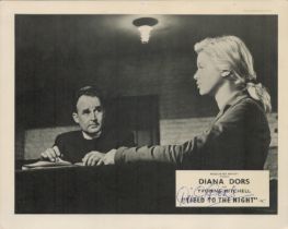Diana Dors signed 10x8 inch "Yield of the Night" vintage black and white lobby card. Good condition.