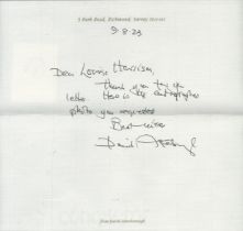 Sir David Attenborough ALS dated 9.8.23 on headed paper. Inscribed thank you for your letter. Here