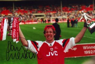 Paul Merson signed 12x8 inch colour photo pictured celebrating during his playing days with Arsenal.