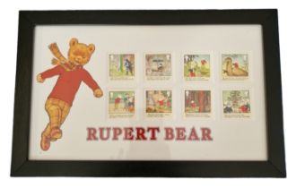 Rupert the Bear mint stamps along with Rupert Bear illustration. 8 stamps in total. Mounted and