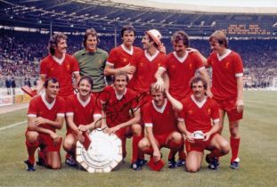 Autographed PHIL THOMPSON 12 x 8 photo : Col, depicting Liverpool players posing with the Charity