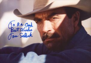 American Actor Tom Selleck signed 10 x 8 inch colour image. Signed in blue ink, dedicated. Good