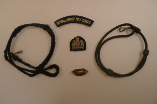 5 x various vintage military badges , lanyards comprising of a Royal Army Pay Corps embroidered