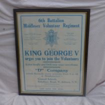WW1 Rare An original WW1 volunteer recruitment poster for 6th Battalion Middlesex Volunteer Regiment