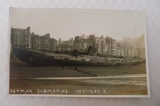 WW1 An original WW1 era postcard showing German U Boat U 118 which ran aground on Hastings beach